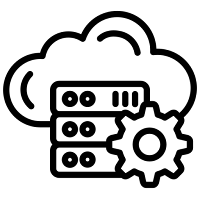 Icon of cloud storage with a server and a gear, representing cloud computing or data management.
