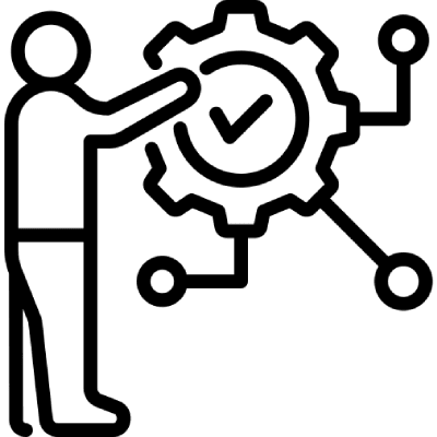 Outline of a person interacting with a gear, containing a check mark, connected to lines with small circles.