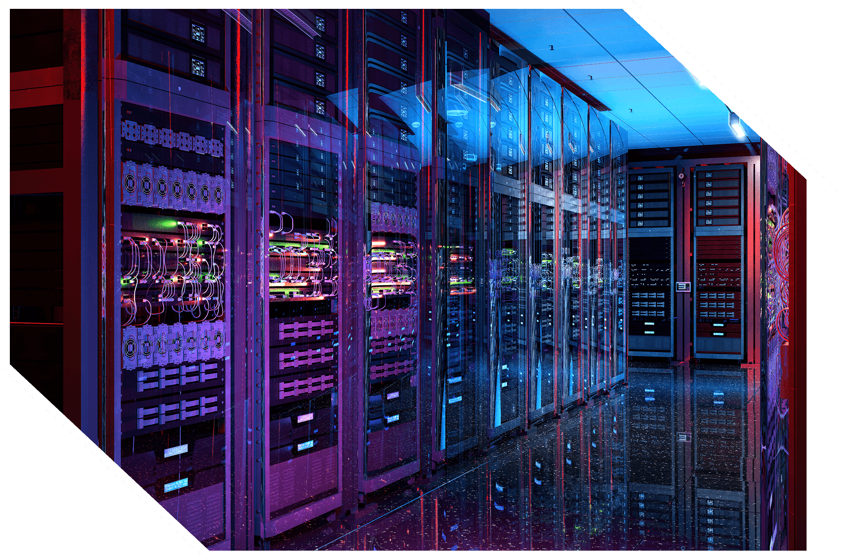 A futuristic data center with rows of illuminated servers in a reflective room, featuring a mix of red and blue lighting.
