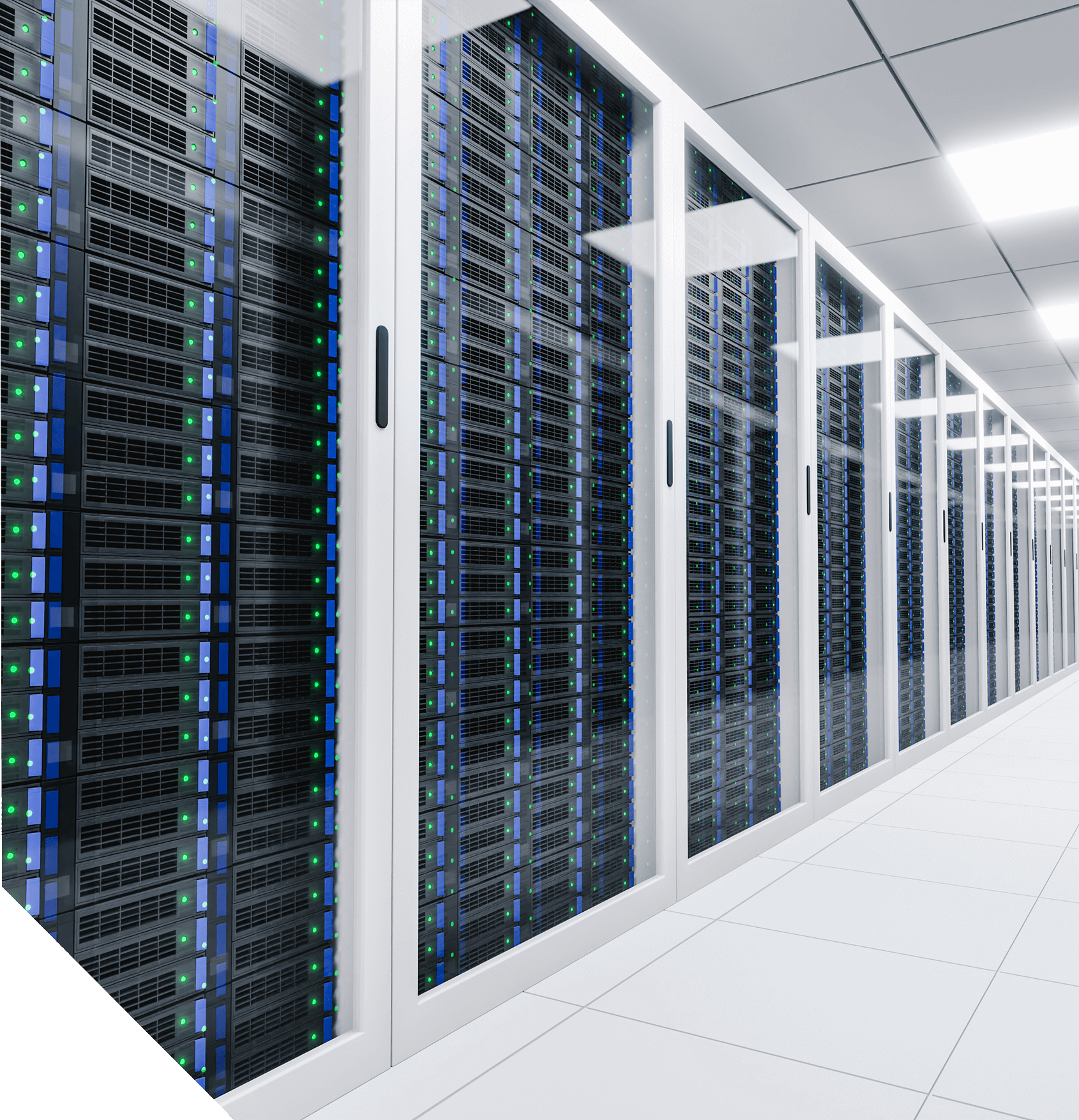 A row of server racks with black panels and green indicator lights in a white-tiled data center.