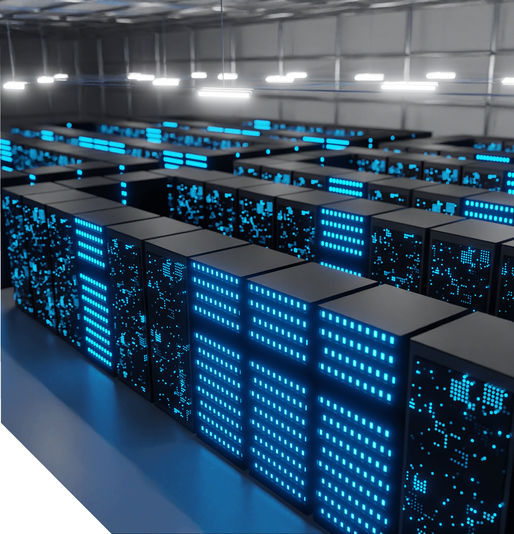 A large server room with rows of black servers emitting blue lights is depicted. The servers are arranged neatly in a spacious, well-lit environment.