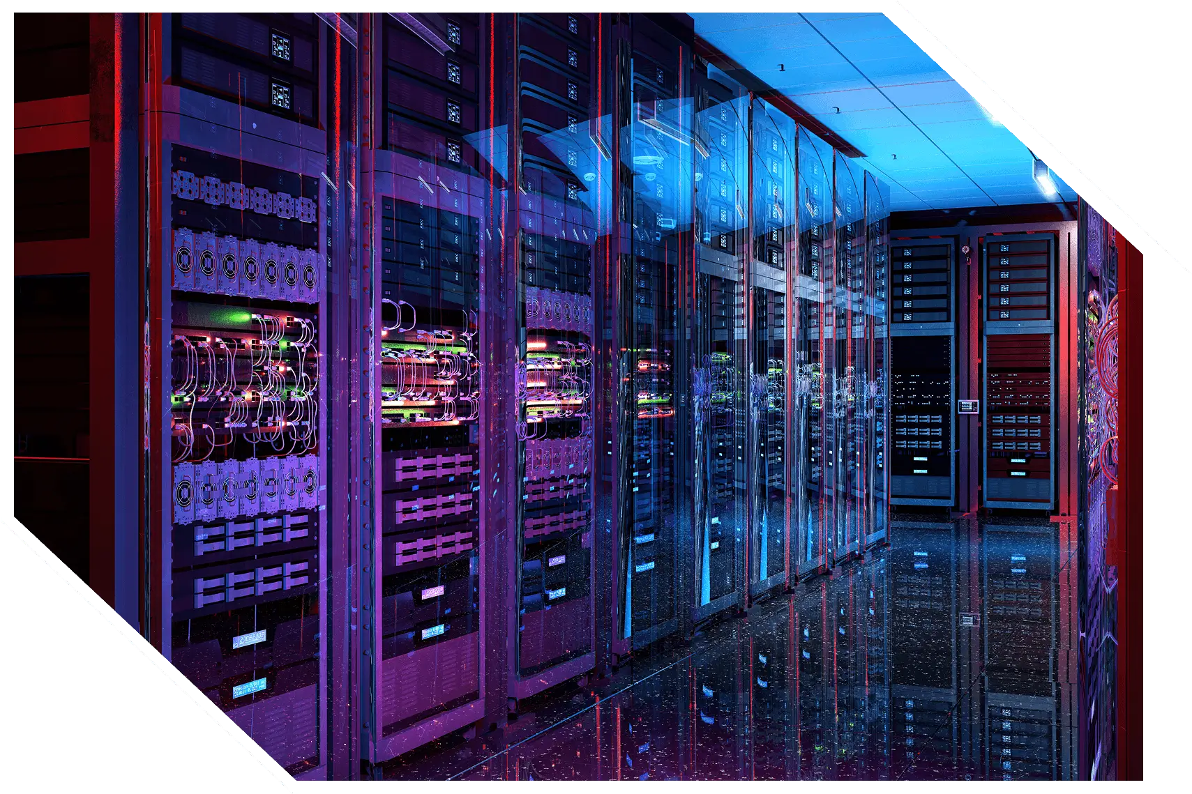 Modern data center with colorful server lights.